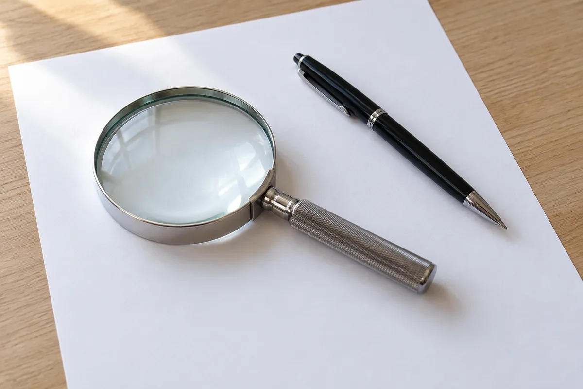 Loupe posée sur une feuille blanche à côté d&rsquo;un stylo sur un bureau en bois