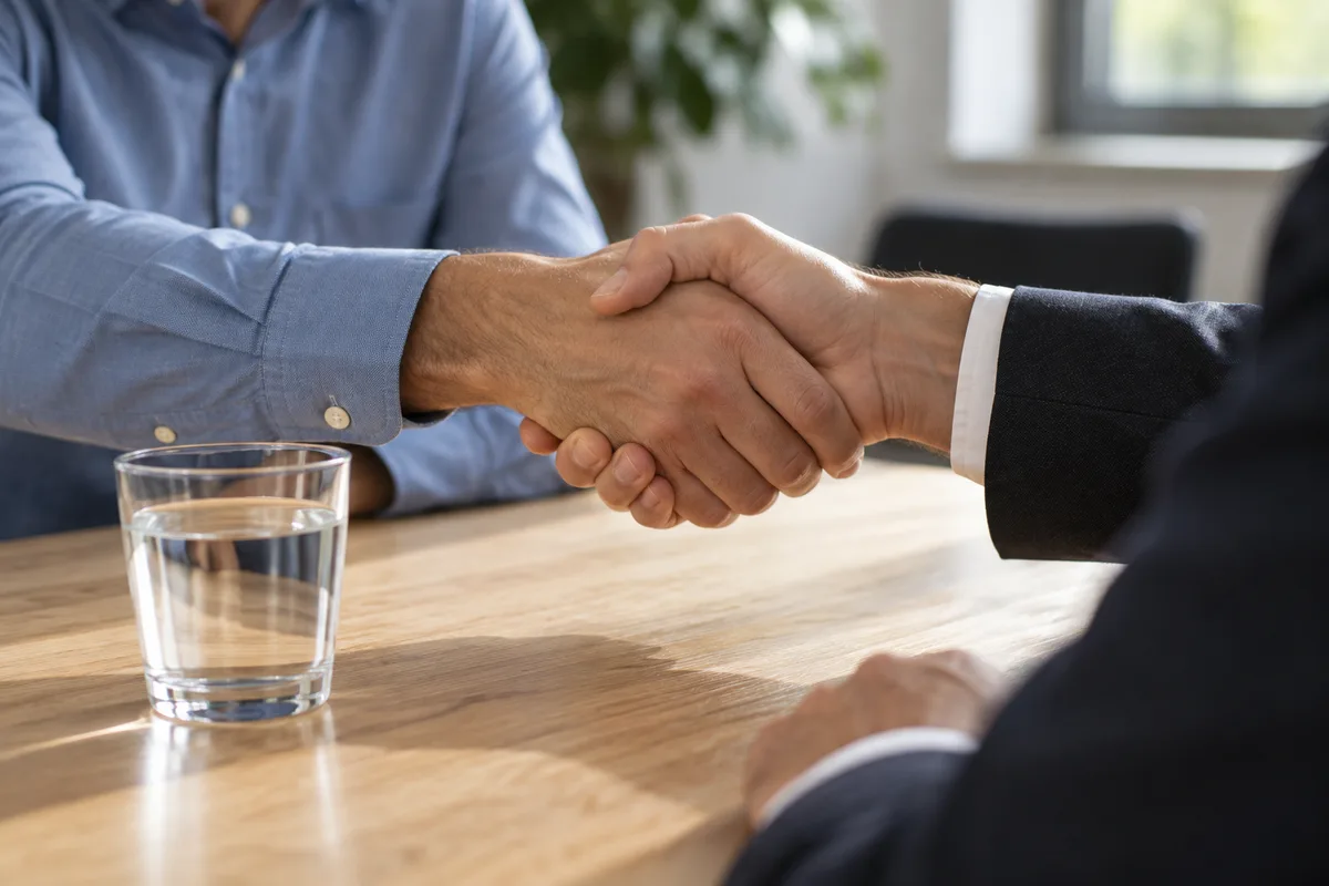 Poignée de main au-dessus d&rsquo;une table de réunion en bois clair