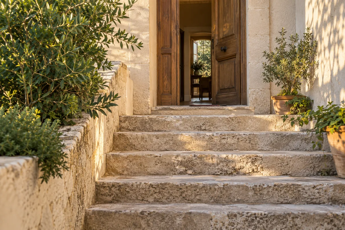 Escalier en pierre extérieur montant vers une porte en bois entrouverte
