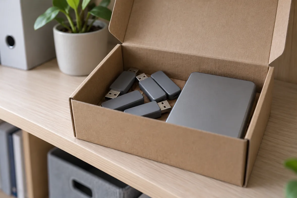 Boîte d’archives ouverte contenant des clés USB grises et un disque dur