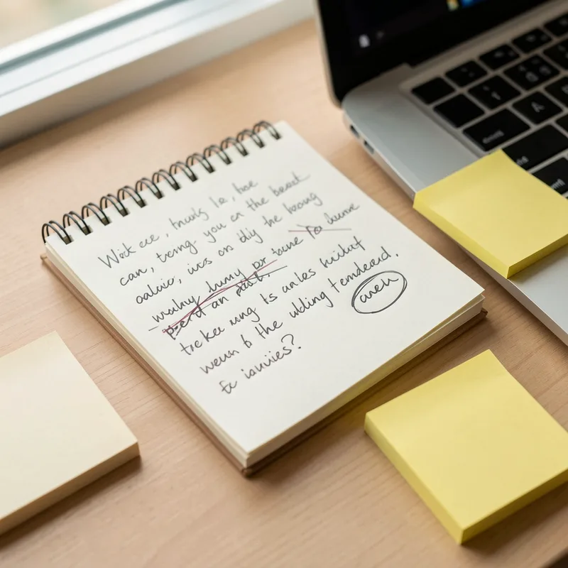 Bloc-notes couvert de propositions de noms manuscrites à côté d&rsquo;un ordinateur portable