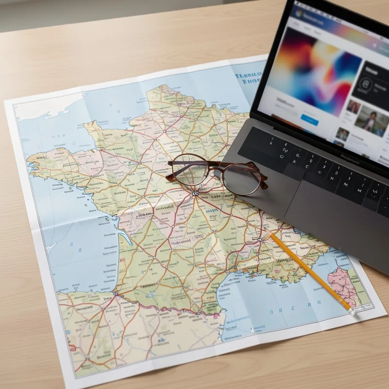 Carte de France posée sur un bureau avec un ordinateur affichant une interface de recherche