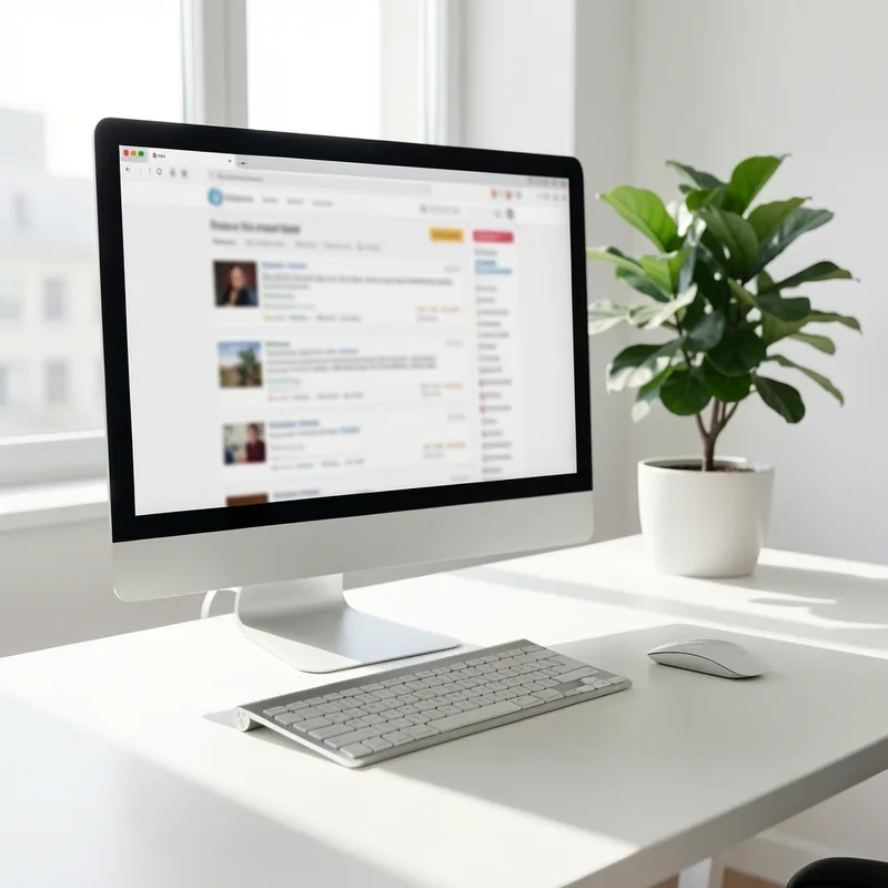 Écran d&rsquo;ordinateur affichant une page de résultats de recherche floutée dans un bureau lumineux