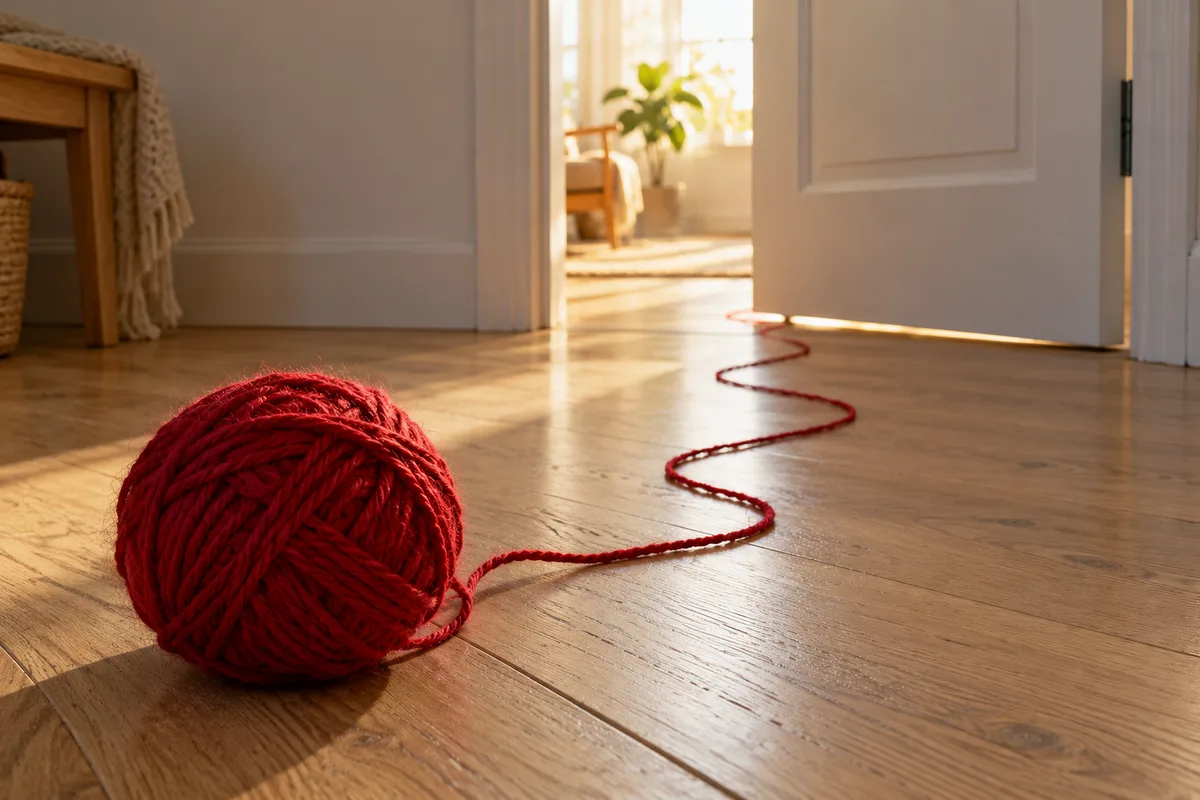 Pelote de fil rouge déroulée sur un plancher en bois jusqu’à une porte entrouverte