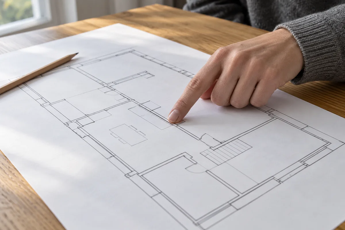 Main suivant du doigt un plan de bâtiment tracé au trait sur une grande feuille