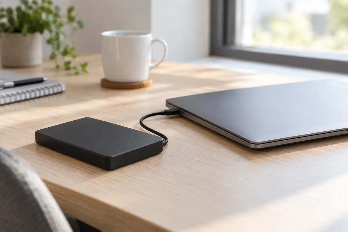 Disque dur externe noir posé à côté d’un ordinateur portable fermé