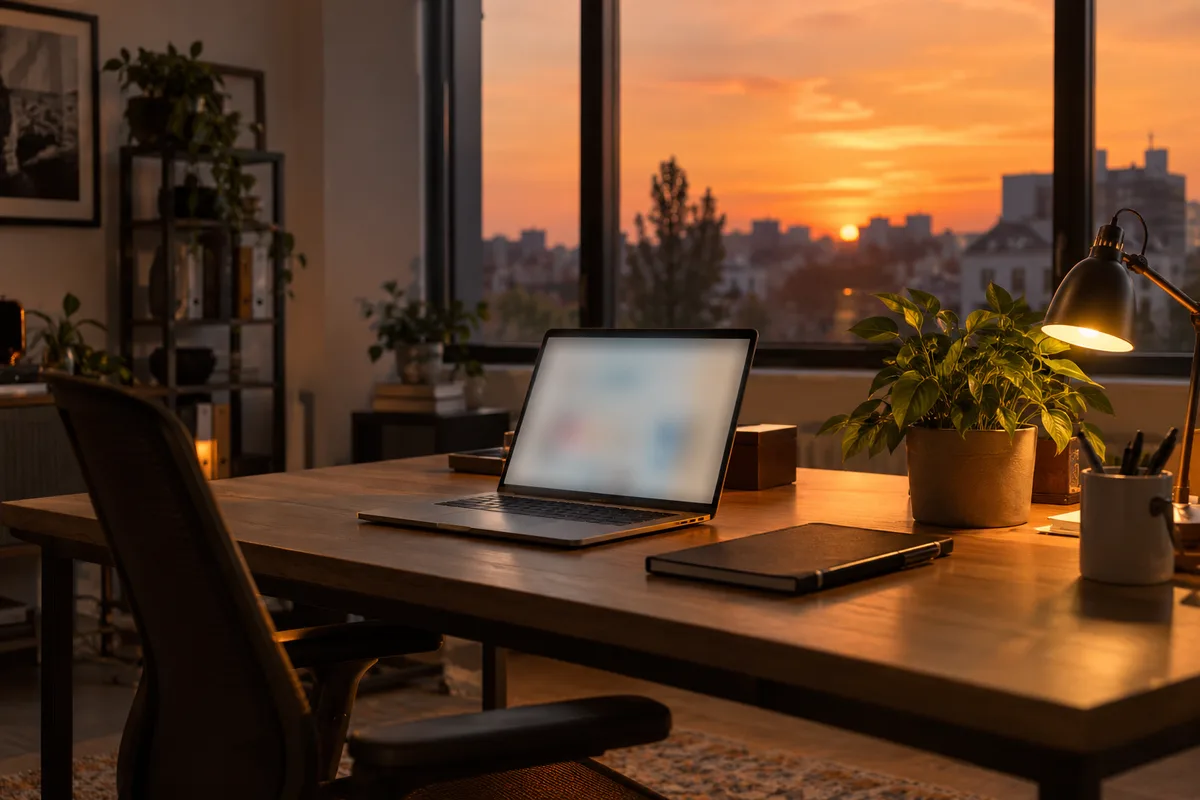 Bureau d’une petite entreprise en fin de journée avec un ordinateur portable ouvert
