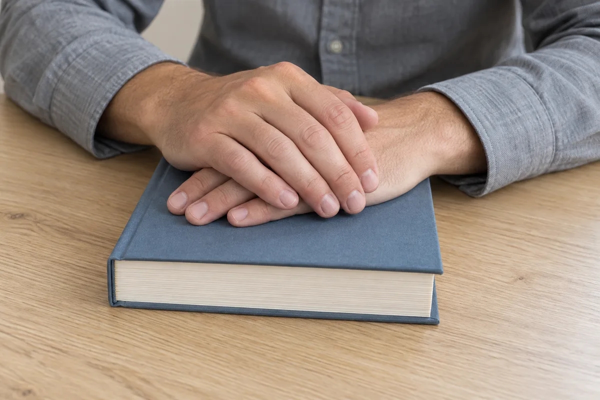 Mains posées sur un livre épais à couverture unie, fermé sur un bureau
