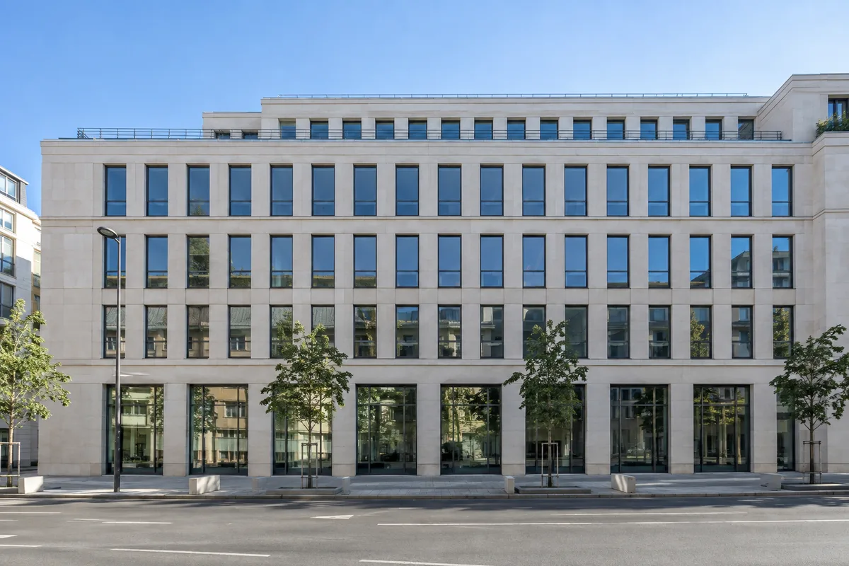 Façade d&rsquo;un immeuble de bureaux en pierre claire sous un ciel dégagé