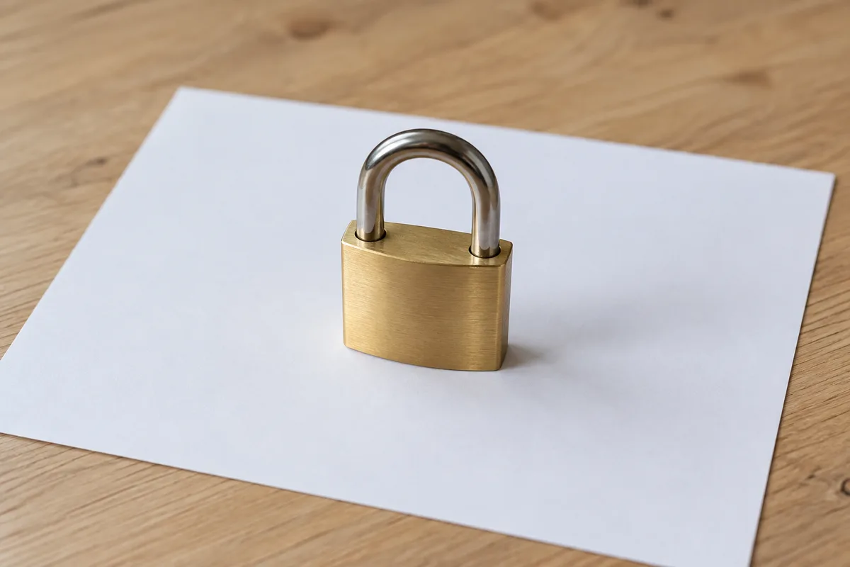 Cadenas en laiton fermé posé sur une feuille blanche, lumière douce