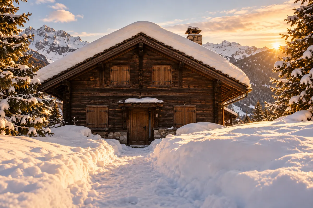 Façade en bois d&rsquo;un chalet aux volets fermés sous la neige, sentier damé devant l&rsquo;entrée