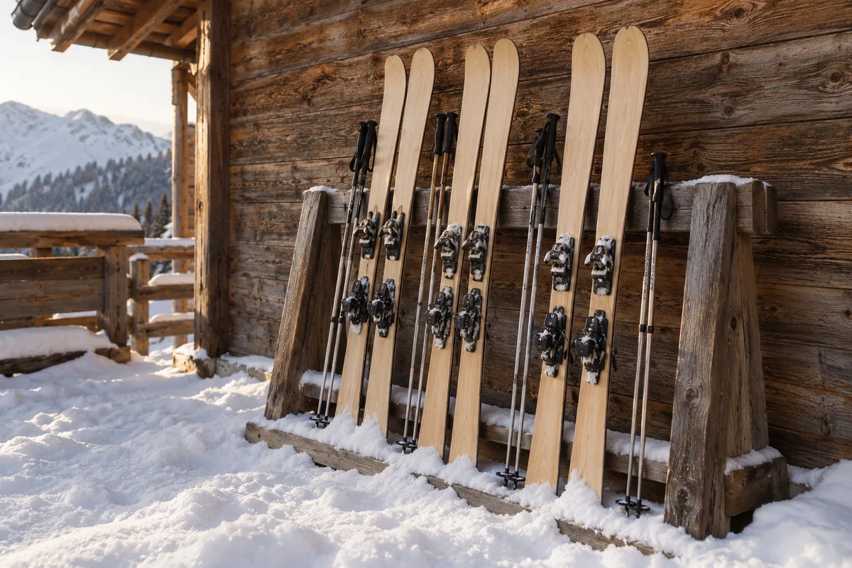 Skis et bâtons alignés contre un râtelier en bois devant un mur de mélèze