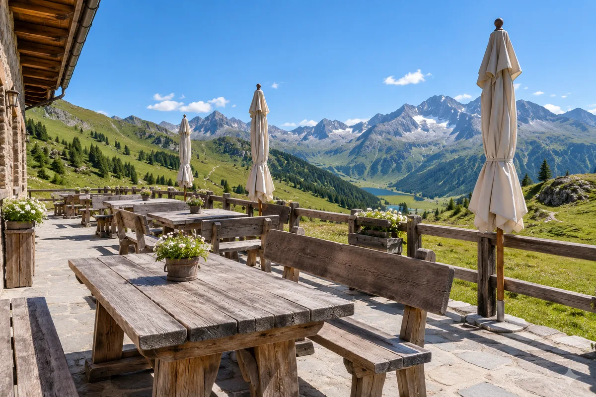 Terrasse d&rsquo;altitude vide en été, tables en bois et parasols repliés face aux sommets