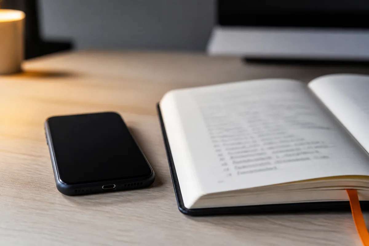 Poste de travail avec un carnet de notes ouvert et un smartphone posé à côté d&rsquo;un écran