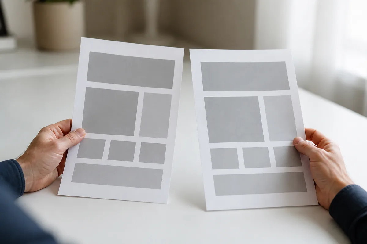 Mains comparant deux impressions de pages web posées côte à côte sur un bureau clair