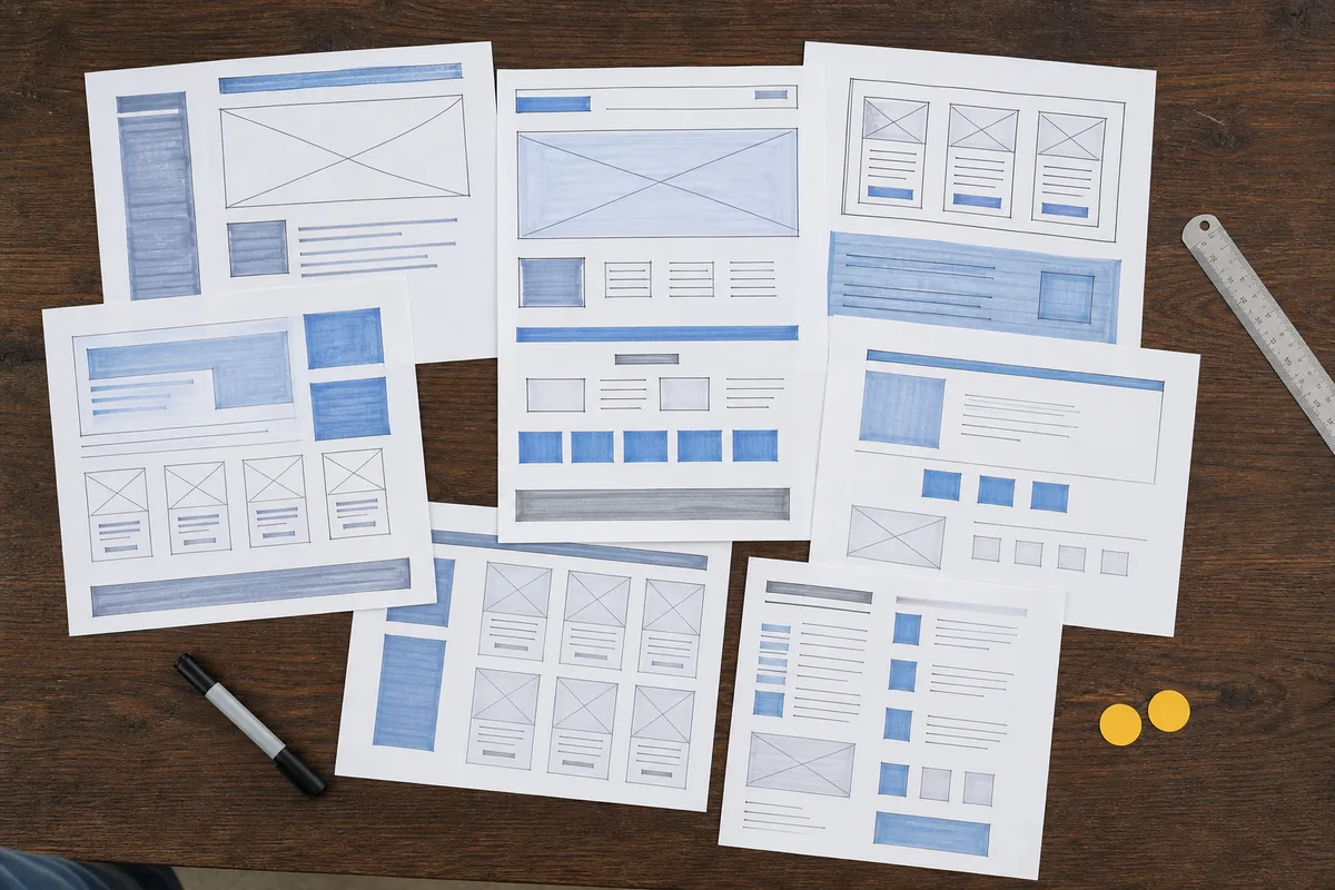 Plans imprimés et croquis de structure de pages étalés sur une table de réunion