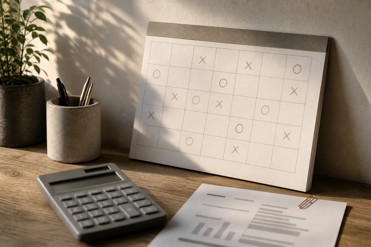 Calendrier mural annoté au crayon posé près d&rsquo;une calculatrice et d&rsquo;un devis papier