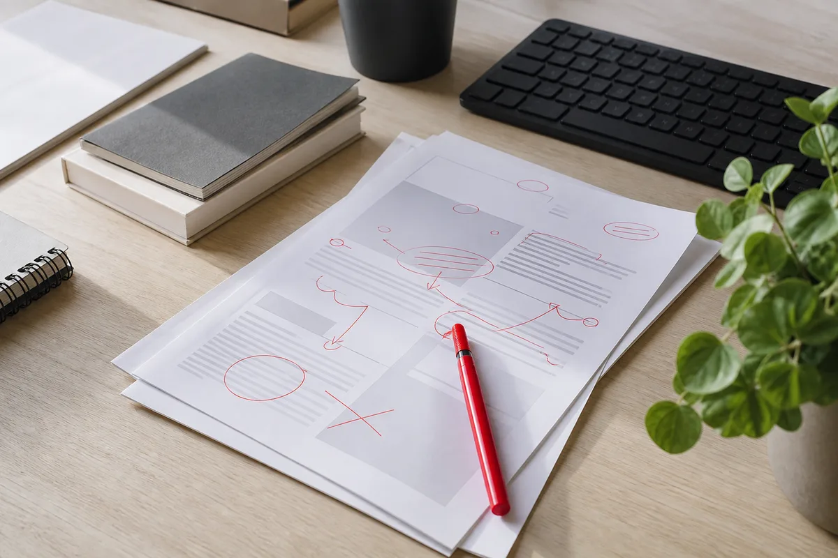Document de proposition commerciale annoté au stylo rouge sur un bureau
