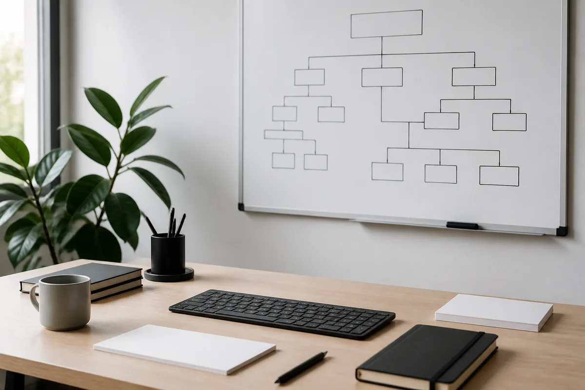 Plan d&rsquo;arborescence de site dessiné sur un tableau blanc