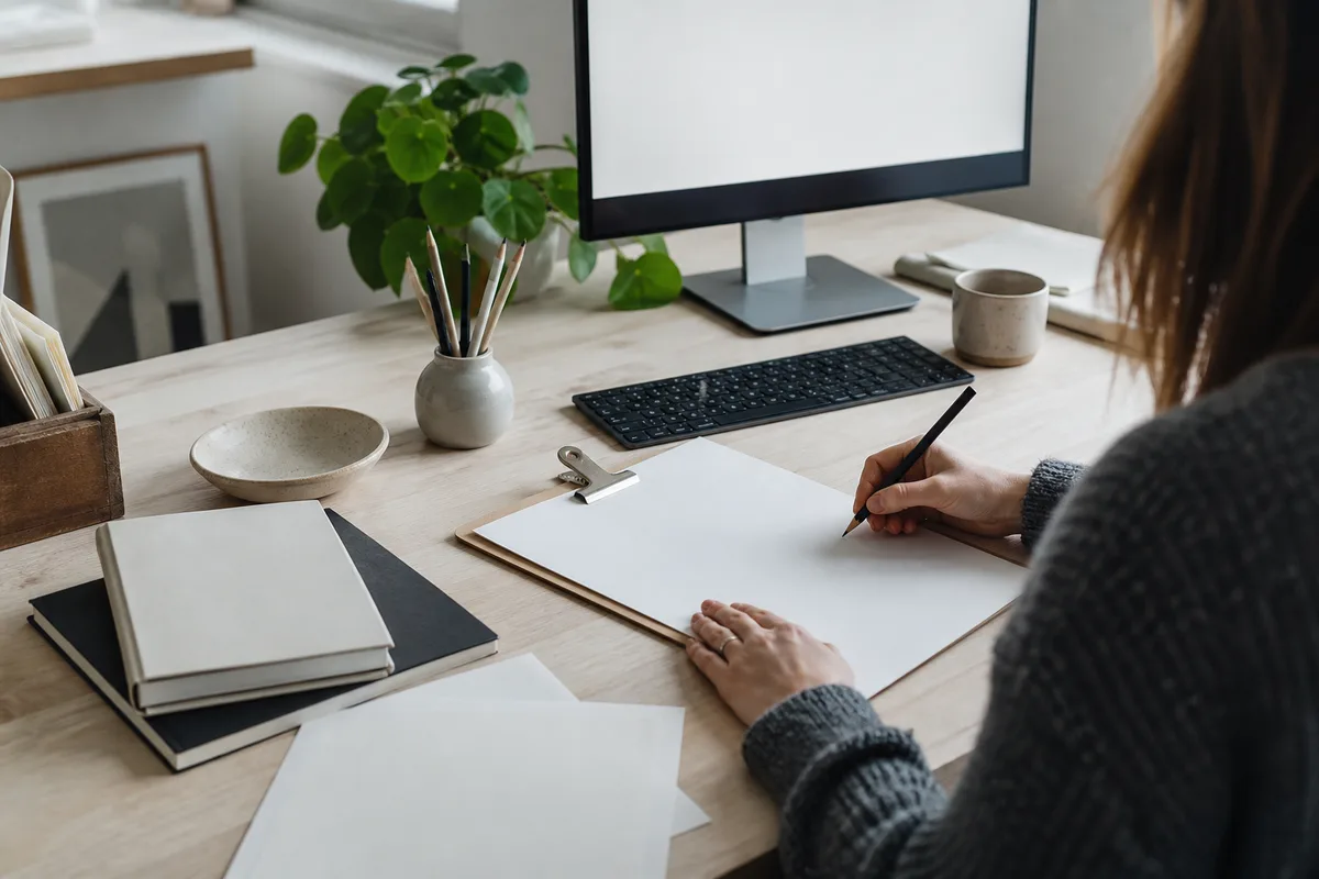 Rédacteur web préparant un plan de contenu sur papier et ordinateur