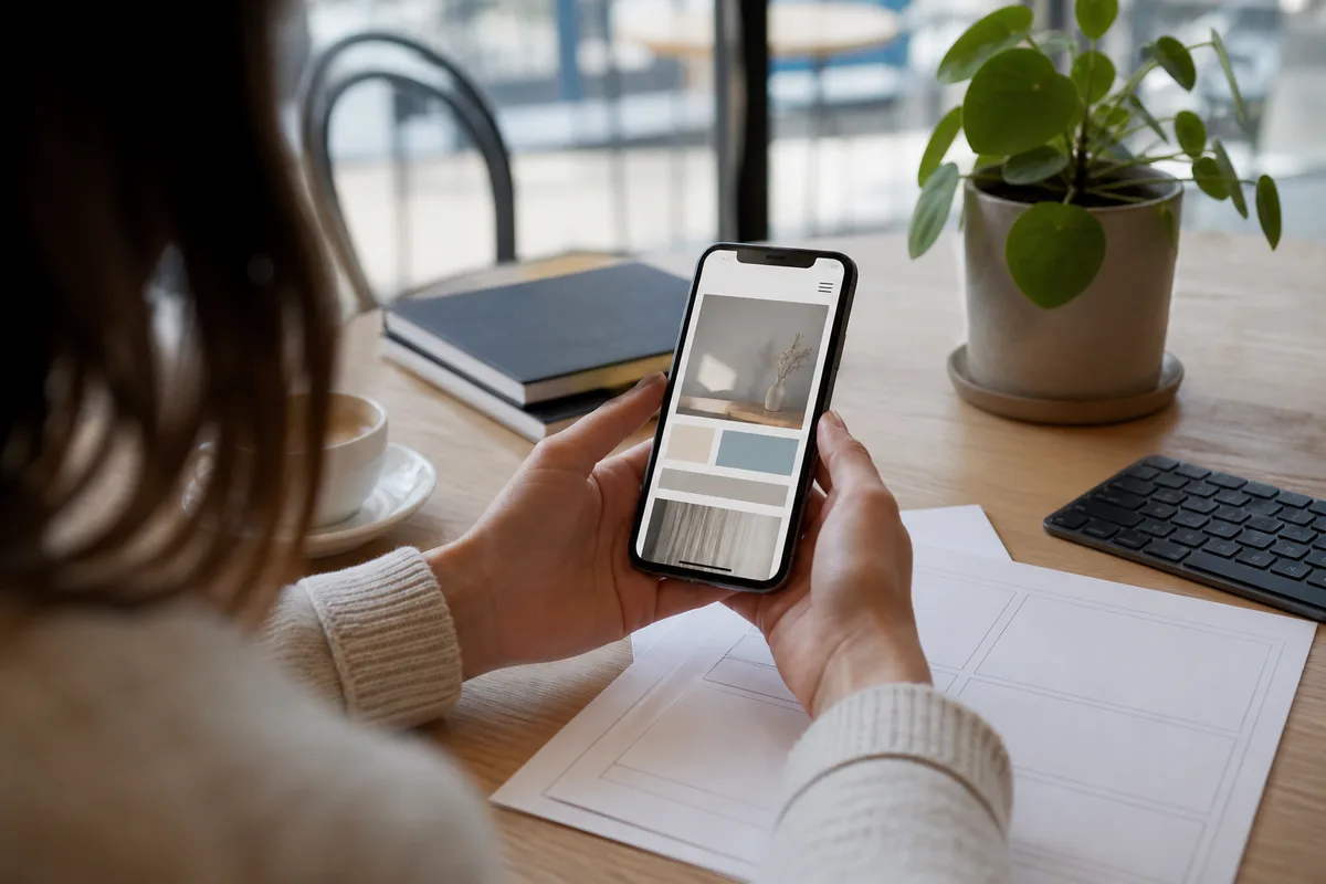 Personne lisant une page de site internet sur son téléphone dans un café