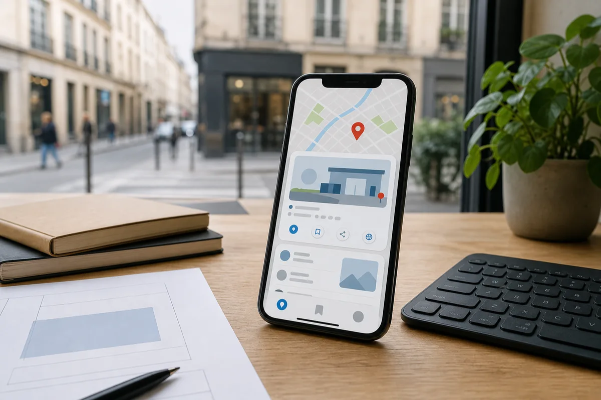 Fiche d&rsquo;établissement locale affichée sur un téléphone dans la rue