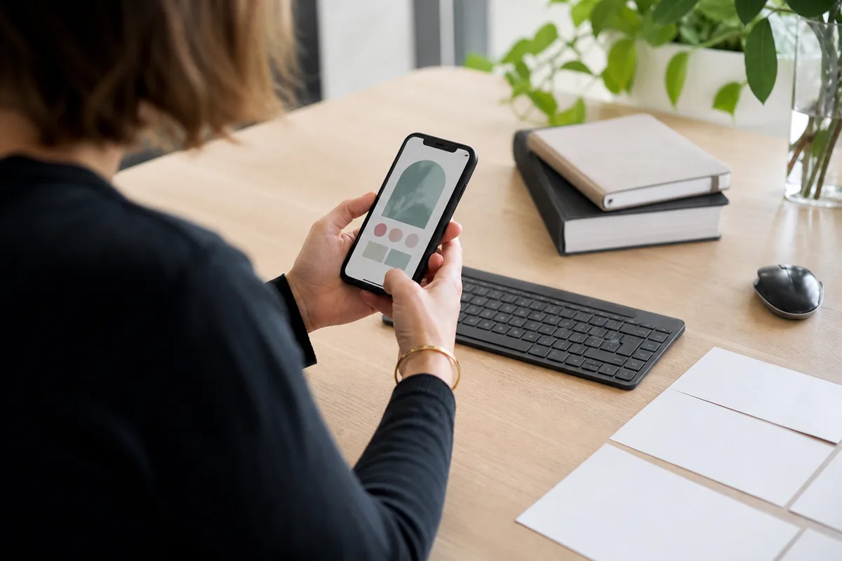 Gérante de commerce préparant une publication sur son téléphone